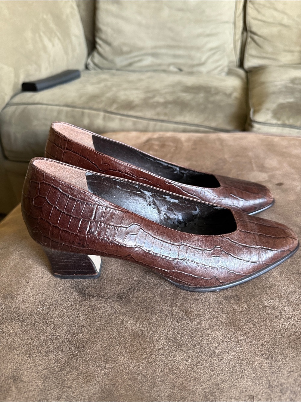 Bandolino Brown Croc-Embossed Block Heel Pumps